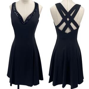 Vintage 90s Fit & Flare Mini Cocktail Dress Sequin Neck Strappy Open Back Black